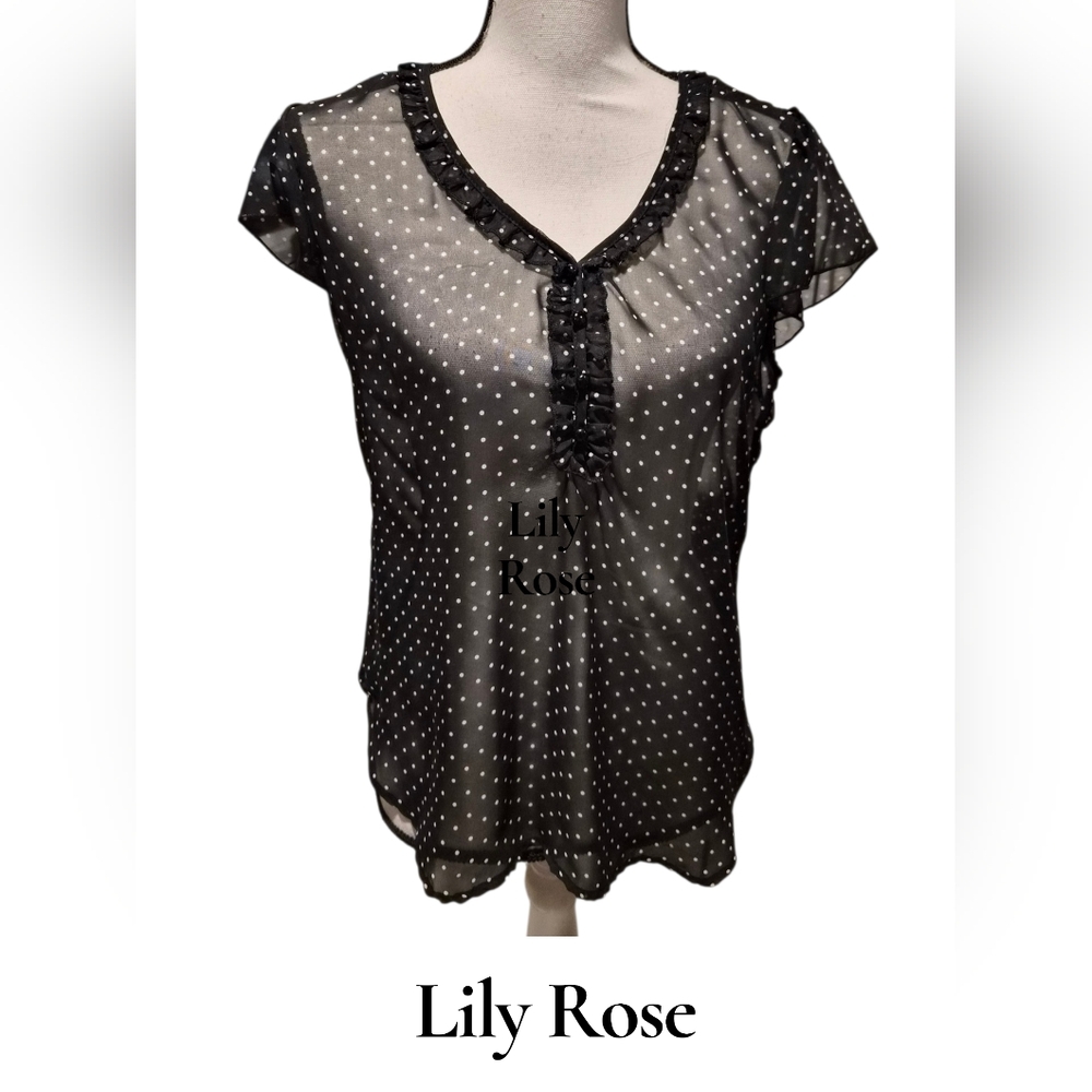 Lily Rose Black Polka Dot Ruffle V-Neck Sheer Blouse Size Large